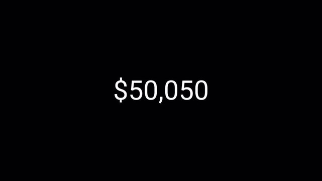 Sixty thousand dollar counting animation from 0 to 60,000 on a transparent background, dollar money counter animation with alpha channel in 4k.