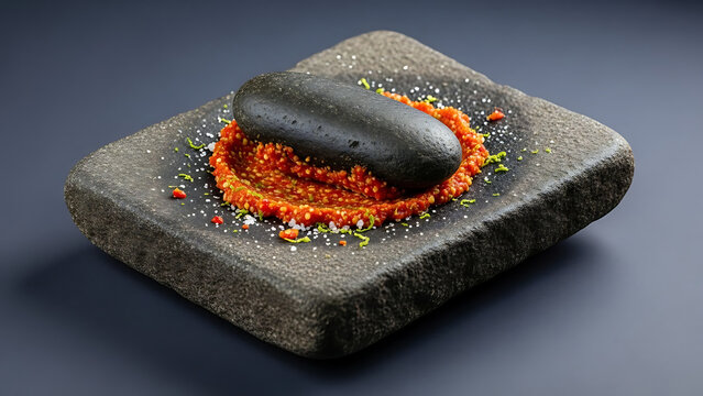 Traditional Stone Grinding of Fiery Lunu Miris Chili Paste on a Slate Gray Background