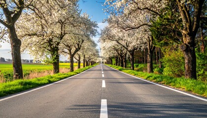 Fototapeta premium Road with blooming trees in spring