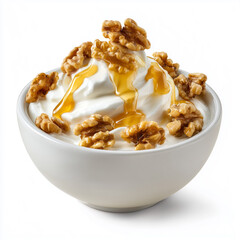 Greek yogurt with walnuts, honey drizzle, protein granola cluster, nutritious muscle snack aesthetic