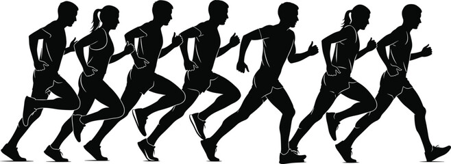 Running silhouette group, athletic motion, male and female runners, fitness stride, sports energy, teamwork pace, black figures, health activity art