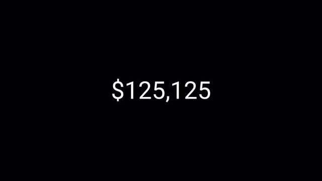 one hundred fifty thousand dollar counting animation from 0 to 150,000 on a transparent background, dollar money counter animation with alpha channel in 4k.