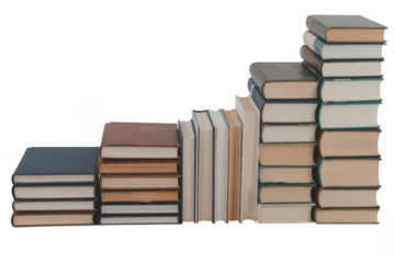 Stacked books arranged in ascending height steps with varied covers and pages isolated on a transparent background