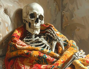 Digital painting features a relaxed skeleton draped in a patterned, colorful blanket, resting on a beige sofa