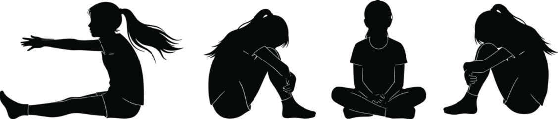 Title: Silhouette collection: Young girl in various seated poses, including stretching, sad, anxious, and yoga positions, vector illustration.