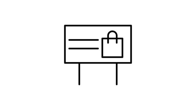 Black and white outline illustration of a shopping bag, featuring simple lines and no additional details.