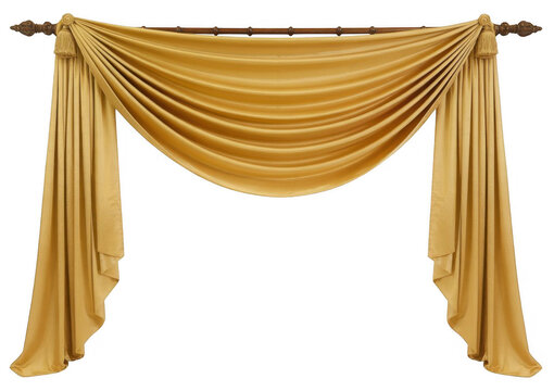 Swag draped golden yellow fabric curtain with tassels on a wooden rod isolated on a transparent background