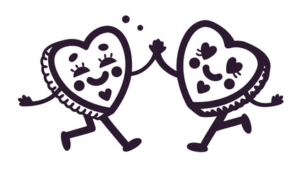 Two cheerful cartoon heart characters with faces are joyfully running and giving each other a high five symbolizing friendship and celebration