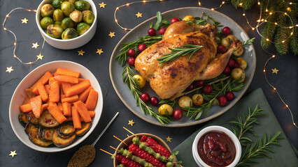 Festive roasted chicken dinner with seasonal vegetables and cranberry sauce