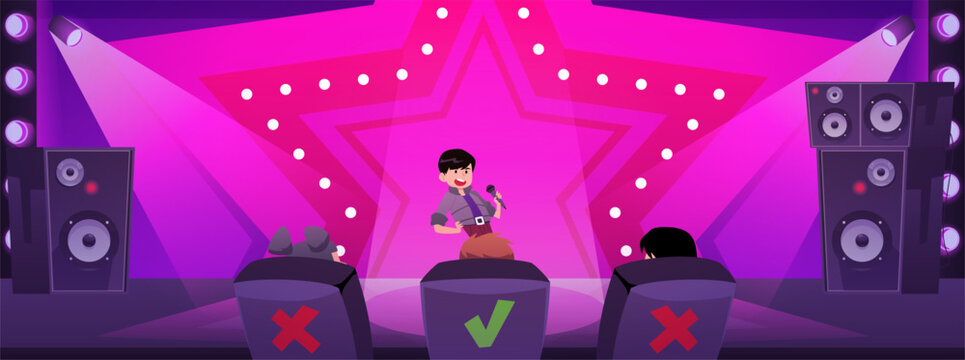 Singing show vector illustration, cartoon online tv translation of a talent show stage and celebrity jury behind a desk