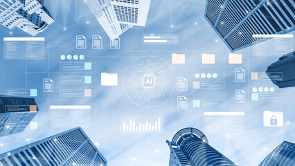 A stunning view of modern skyscrapers highlighting the integration of technology and artificial intelligence. The image features data visualization elements that enhance the urban landscape. Gantry