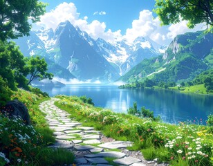 Serene mountain lake scene with a stone path winding through flowers