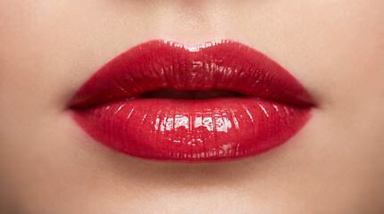 Fototapeta premium Close-Up of Red Lips with Perfect Makeup and Gloss 