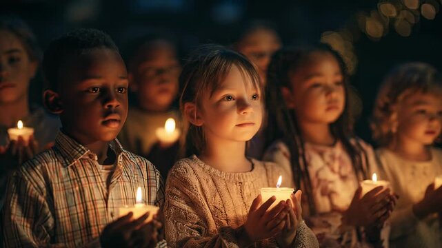 Children holding candles in darkened room