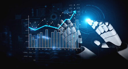 A robotic hand reaches toward digital charts and graphs, illustrating financial growth and technological advancement in a vibrant, futuristic data environment. Scalp