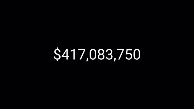 five hundred million dollar counting animation from 0 to 500,000,000 on a transparent background, dollar money counter animation with alpha channel in 4k.