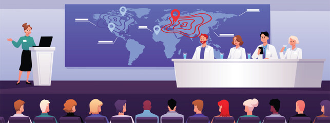 A horizontal poster of a lecture hall with speakers in white coats and an audience of listeners.