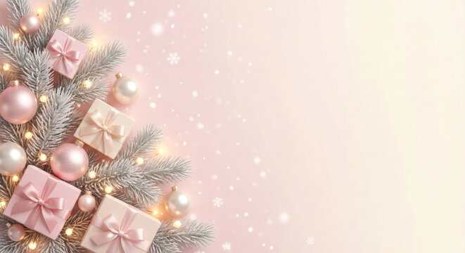 Pink Christmas Background with Snowy Fir Branches and Gift Boxes - Festive Corner Border