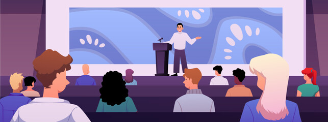 A male speaker speaks behind the podium conference room full of spectators, vector flat public seminar, conference