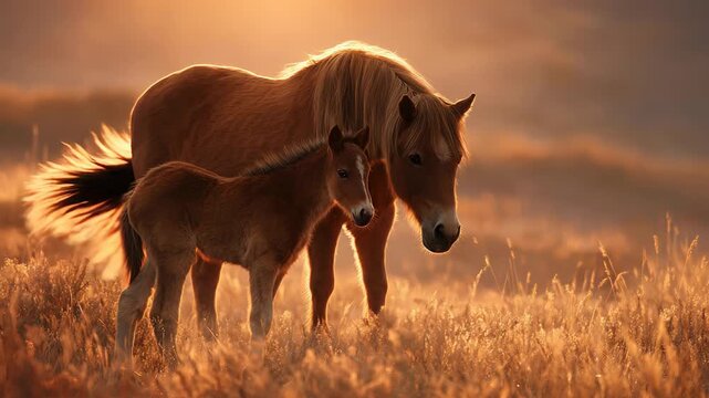Mother and foal horses grazing in golden field