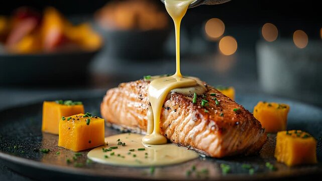 Salmon dish drizzled with sauce, close-up food shot
