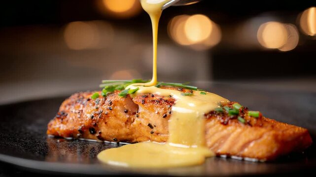 Sauce drizzled over grilled salmon dish