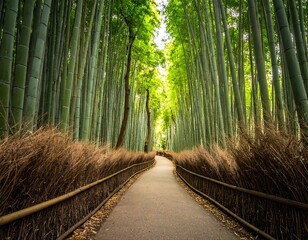 Serene pathway winds through lush, towering bamboo forest