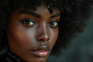 Close-up portrait of a woman with dark skin and curly hair. Her eyes are open and gazing slightly to the side, conveying a thoughtful or curious expression.
