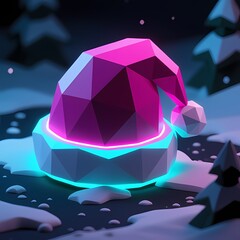 Low Poly Isometric Santa Hat Neon Light Futuristic Render.