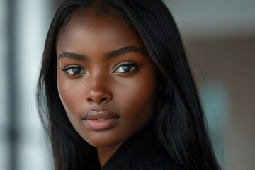 Close-up portrait of a woman with striking blue eyes and dark skin, illuminated by natural light. The image emphasizes her captivating gaze and beautiful features.