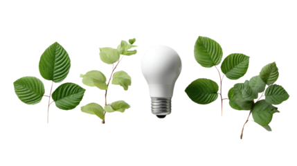 Eco-Friendly Illumination: A glowing light bulb is intertwined with fresh green leaves symbolizing innovation for environmentally conscious idea.