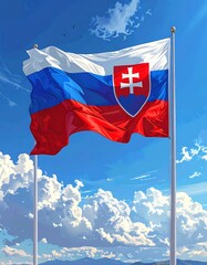 Digital painting of a flag waving in the wind against a vibrant blue sky with fluffy white clouds and a pair of flagpoles