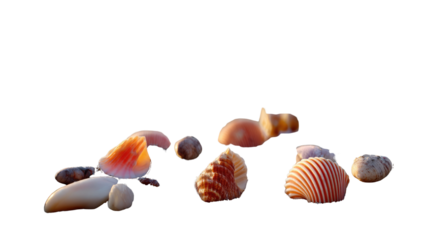Seashells on the Shore: A collection of exquisite seashells, each with unique forms and textures, scattered casually upon a pristine surface, capturing the delicate beauty of the seashore.