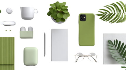 Aesthetic Green Essentials: A curated collection of stylish green-themed everyday items, meticulously arranged against a backdrop.