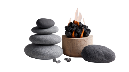 Balance and Serenity: A visual symphony of equilibrium featuring a carefully stacked stone cairn alongside a miniature fire, evoking a sense of calm and harmony.