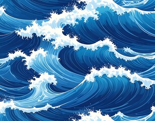Digitally created illustration of stylized ocean waves, in shades of blue and white, cascading across the frame in a repeating pattern
