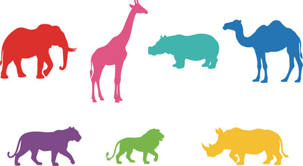 Collection of Colorful African Safari and Desert Wild Animal Silhouettes Including Elephant, Giraffe, Lion, and Rhino Vector Graphics on White Background