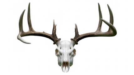 White deer skull with large antlers against a black background isolated on a transparent background