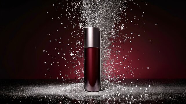 Luxurious red product bottle with shimmering silver dust falling dramatically.