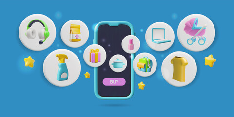 Marketplace app service 3D cartoon vector, online shopping on smartphone screen, internet store shop goods purchasing