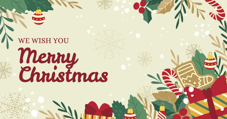 Festive Merry Christmas and happy news year background with pine branches,ornaments, candy canes, golden stars, and glowing lights on a rich red backdrop, creating a warm and joyful holiday atmosphere
