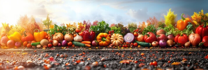 A colorful display of fresh pumpkins, squashes, and vegetables basks in a clear blue sky, capturing the essence of the fall harvest.