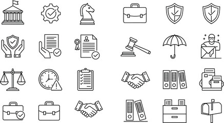Business Analysis, Strategy, Performance, and Management Line Icon Set, Data Report, Goal Target, Checklist, Warning, Success, and Development Outline Symbols.