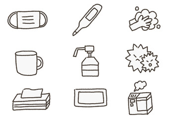 感染予防の医療アイコンセット白黒版（マスク・手洗い・消毒・検温）【クレヨン手書き】