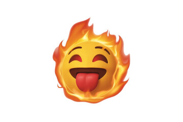Yellow emoji face with red eyes and tongue sticking out surrounded by orange flames isolated on a transparent background