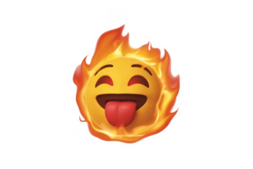 Yellow emoji face with red eyes and tongue sticking out surrounded by orange flames isolated on a transparent background