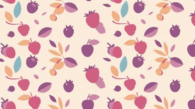 Soft pastel seamless pattern of berries and fruits with leaves. Flat vector design for fabric, wallpaper, and creative projects.