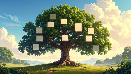 Digital painting of a large, leafy tree with blank frames hanging from its branches, set in a sunny, green landscape