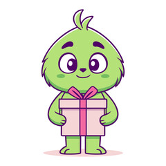 Green Alien Holding Gift Box for Celebration or Present