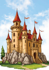 054-48-Cartoon castle with red roofs and flags standing under a blue sky, surrounded by green grass